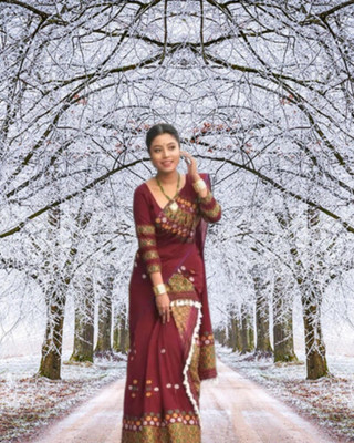 khodalenteprise Dyed, Hand Painted Mekhela Chador Cotton Silk, Crepe Saree(Maroon)