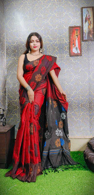 Joyguru Textile Printed Handloom Cotton Blend Saree(Red)