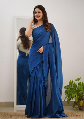 Maku Solid/Plain Tant Pure Cotton Saree(Blue)