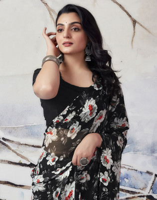 SIRIL Geometric Print, Printed Bollywood Georgette Saree(Black, Multicolor)