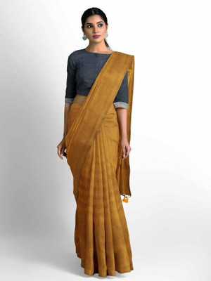 saree star Solid/Plain Handloom Cotton Blend Saree(Gold)