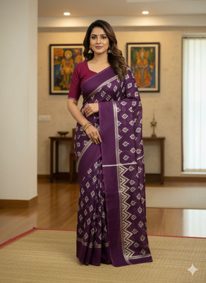 Sayak Creation Printed Chanderi Cotton Blend Saree(Purple)