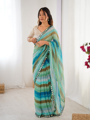 Pandadi Saree Striped Leheria Chiffon Saree(Green)