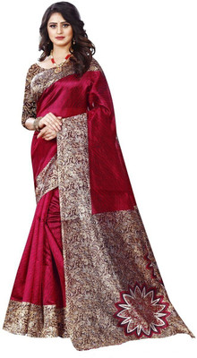 ZVARIETY Embellished Kalamkari Art Silk Saree(Maroon)