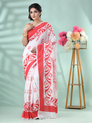 Desh Bidesh Printed Tant Handloom Pure Cotton Saree(Red)