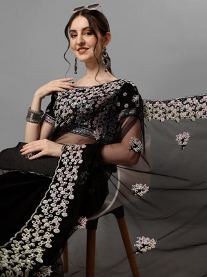 zili Embroidered Bollywood Net Saree(Black)