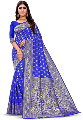SATQ Woven, Floral Print, Paisley, Self Design Kanjivaram Silk Blend Saree(Blue)