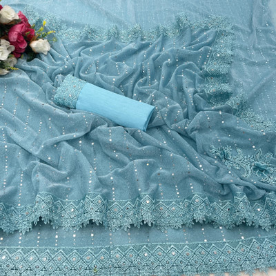 HERVALLY Embellished Bollywood Lycra Blend Saree(Blue)