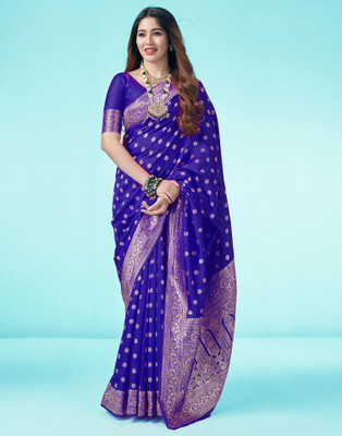 Samah Woven, Embellished, Self Design Banarasi Silk Blend, Jacquard Saree(Blue, Gold)