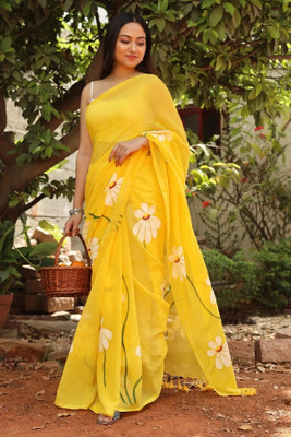 Aquiliq Floral Print Handloom Pure Cotton Saree(Yellow)