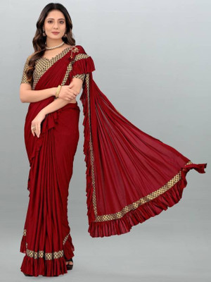 HouseOfCommon Applique, Embellished, Paisley, Self Design, Solid/Plain Bollywood Lycra Blend Saree(Maroon)