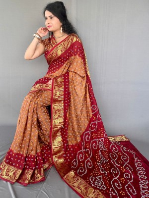 Shivaarya Printed Bandhani Art Silk, Viscose Rayon Saree(Brown, Maroon)