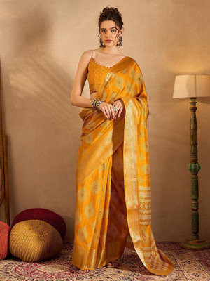 Anouk Rustic Printed Chinnalapattu Silk Blend Saree(Yellow)