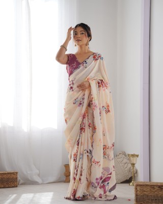 GRANTHI ENTERPRISE Floral Print Bollywood Crepe Saree(Cream)