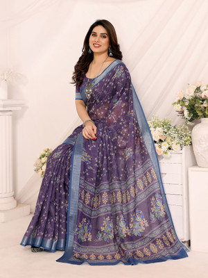 Soor Panchi Floral Print Bollywood Cotton Linen Saree(Purple)