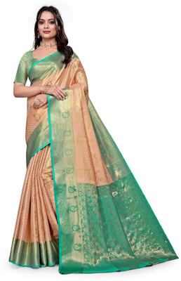 FABFIZA Solid/Plain Banarasi Chiffon, Silk Blend Saree(Orange, Green)