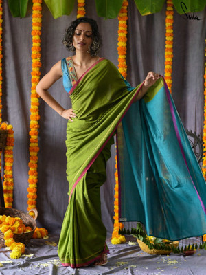 Suta Solid/Plain Handloom Pure Cotton Saree(Green)