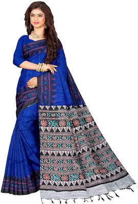 Torgon Printed Ikkat Cotton Blend Saree(Dark Blue)