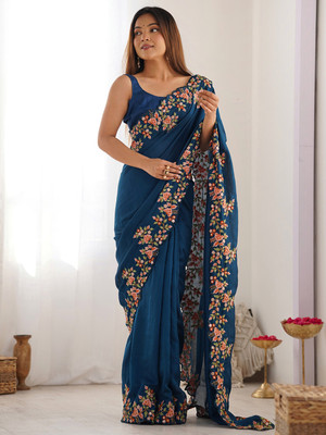 Sareemall Embroidered Bollywood Silk Blend Saree(Blue)