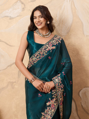 sareya veela Embroidered, Floral Print, Embellished Bollywood Chiffon Saree(Light Blue)