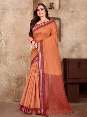 M.S.RETAIL Solid/Plain, Woven Handloom Cotton Linen Saree(Orange)