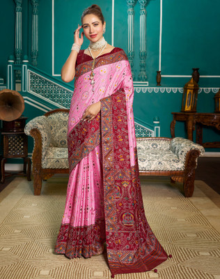 Satrani Printed, Embellished Patola Art Silk Saree(Pink, Maroon, Multicolor)