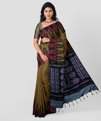 chhanda handloom sarees Temple Border Ikkat Handloom Viscose Rayon Saree(Mustard)