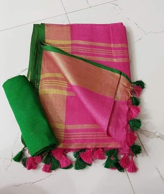 WEAVE TRENDS Solid/Plain, Woven Bollywood Dupion Silk Saree(Pink)