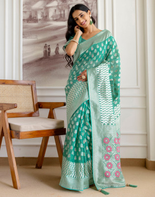 all about you Woven, Self Design Banarasi Chanderi, Cotton Blend Saree(Green)