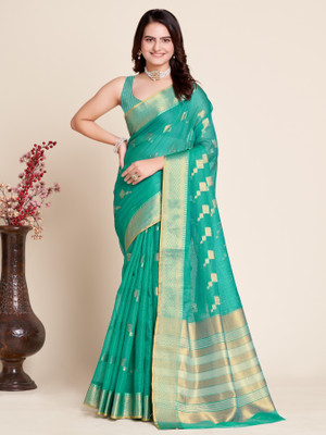 Yogik Creation Printed Banarasi Cotton Blend Saree(Blue)