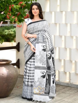 Handloom saree ghar Hand Painted Handloom Pure Cotton Saree(White)