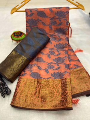 GYN Woven Kanjivaram Pure Silk, Cotton Silk Saree(Orange)
