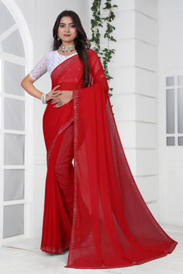 New Chapter Clothing Woven, Solid/Plain, Self Design Bollywood Georgette Saree(Red)