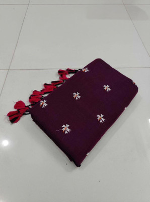Puspa Fashion Embroidered Handloom Cotton Blend Saree(Purple, Red, White)