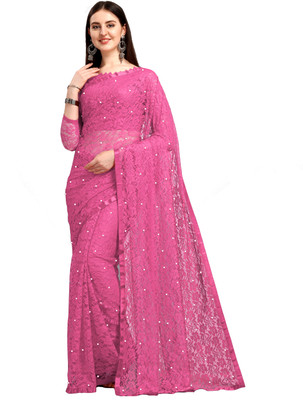 LOROFY Self Design Bollywood Net Saree(Pink)