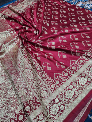 SFF Woven, Floral Print, Self Design Banarasi Handloom Silk Blend Saree(Red)