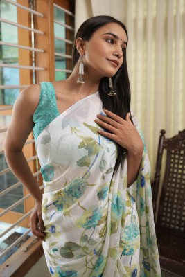 MIRCHI FASHION Floral Print Daily Wear Chiffon, Georgette Saree(White, Light Blue, Green)