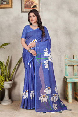 Tirath Floral Print Banarasi Linen Saree(Blue)