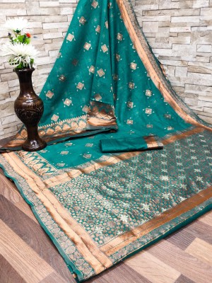 DURGA TEXTILE Woven, Printed, Self Design, Embellished, Floral Print, Blocked Printed Jamdani Cotton Blend, Jacquard Saree(Green)