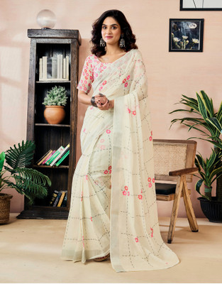 Samah Printed Daily Wear Chanderi, Cotton Blend Saree(White)