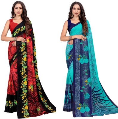 MAHALACMI FAB Floral Print Bollywood Chiffon Saree(Light Blue, Red)