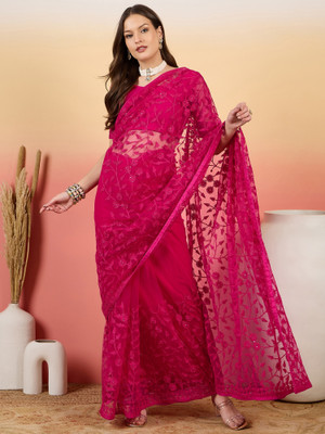 Sangria Embroidered Saree with Attached Blouse Net Saree(Red)