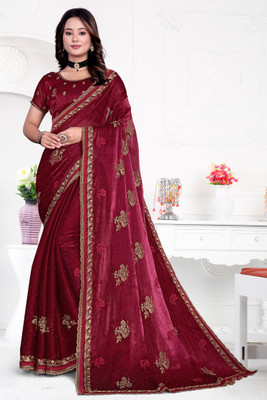 Mikhushop Floral Print Bollywood Jimmy choo Saree(Maroon)