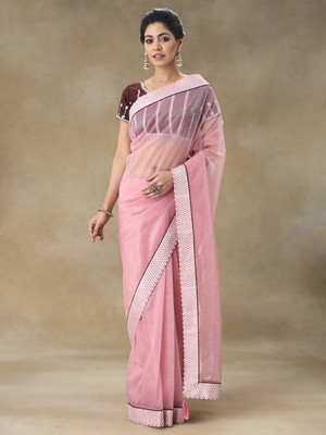 FABMORA Embroidered Bollywood Net Saree(Pink)