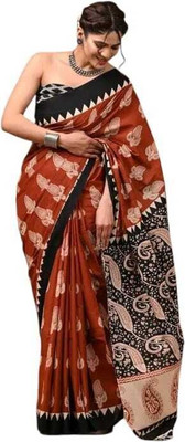 OceanInfinity Printed, Paisley, Floral Print Daily Wear Pure Cotton Saree(Brown)