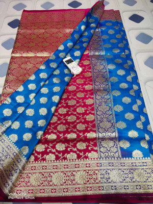 Ruhis collection Self Design Banarasi Silk Blend Saree(Light Blue, Pink)