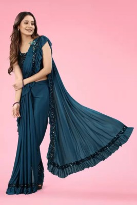 PANETAR Printed Bollywood Silk Blend Saree(Blue)