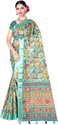 Radha Rani Prints Digital Print, Geometric Print, Floral Print, Printed Daily Wear Linen Saree(Green)