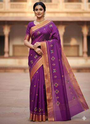 LIMRA Embroidered Handloom Cotton Blend Saree(Purple)