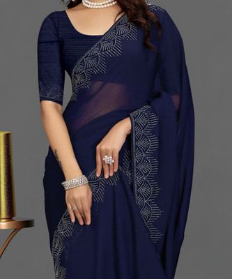 pari creation Solid/Plain, Self Design, Dyed, Embellished Bollywood Georgette Saree(Blue)